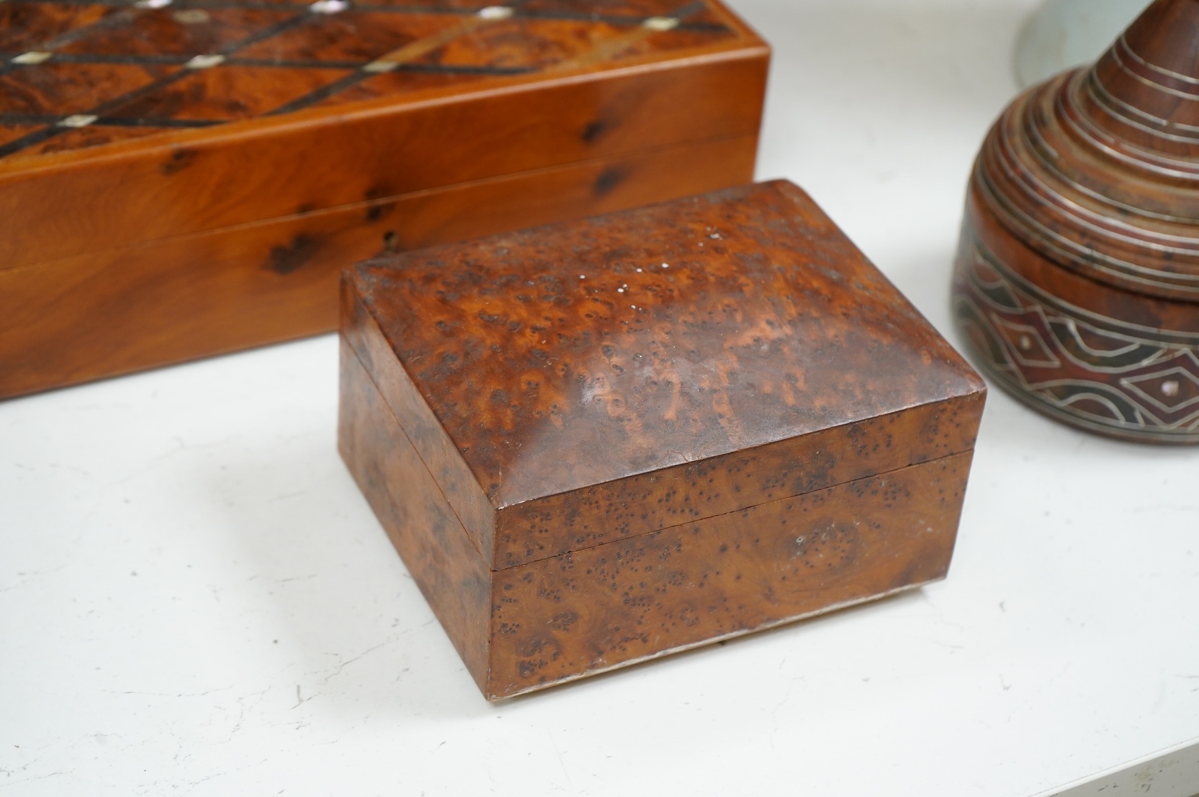 A collection of assorted 20th century yew wood boxes